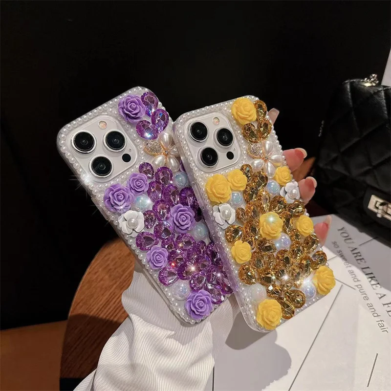 Luxury Diamond Mobile Phone Case For iPhone 15 Pro Max Samsung S24 Rhinestone Glitter Women Pink Rose Flower Pearl Phone Cover