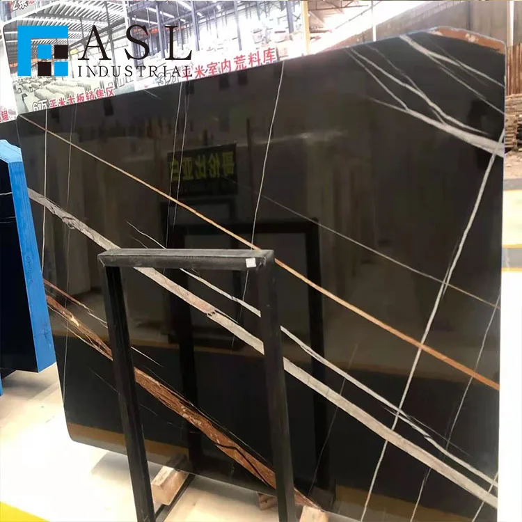 Custom natural pure black marble with gold line iran black marble vein of gold veins tunisa black gold stlaurent marble tiles