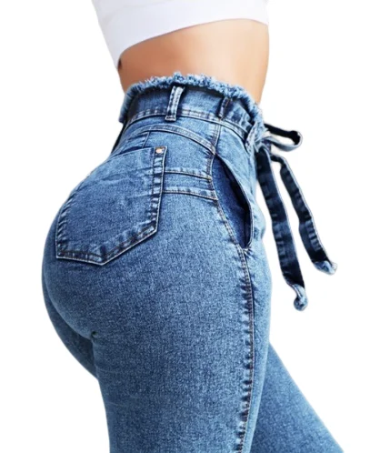 Women's High Waist Slim Stretch Denim Jeans Streetwear Bodycon Tassel Belt Bandage Skinny Push-up Style Button Hole Decoration factory