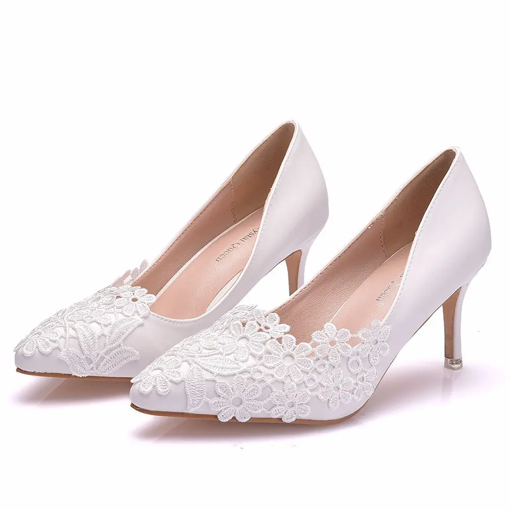White Lace High Heels Wedding Shoes Bride Party Shoes Women Pumps Platform Ladies Sandals Bridal 7CM Shoes Ankle Strap Wedges