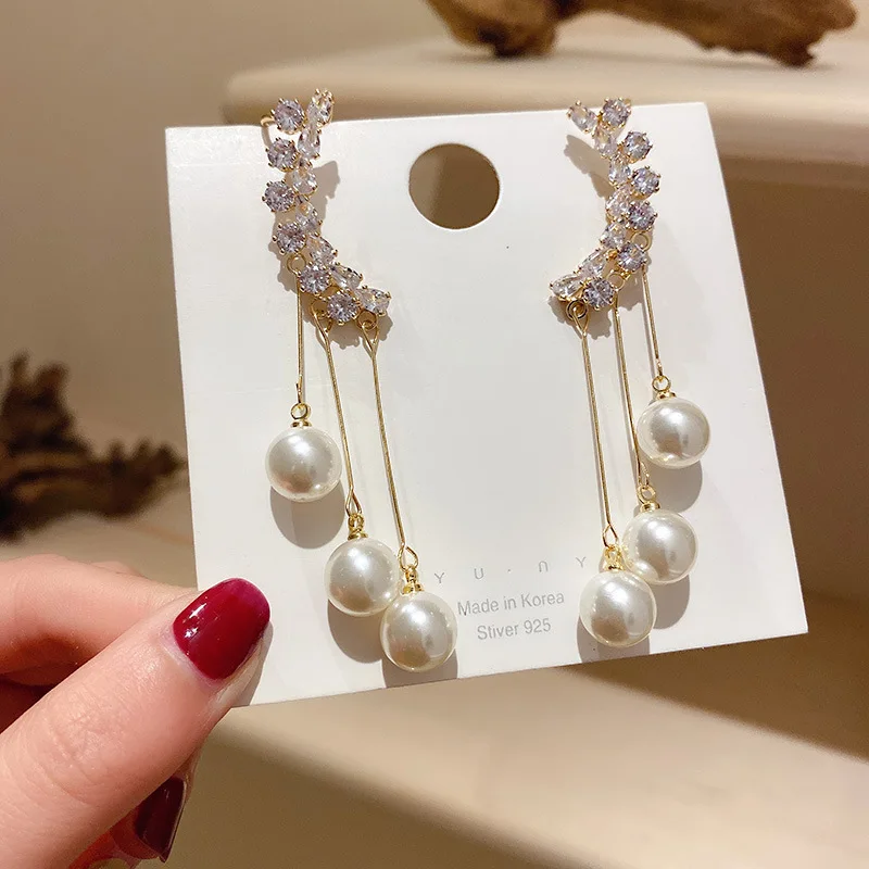 S925 Needle Personality Fashion Design Zircon Earring For Women Light Luxury Celebrity Temperament Tassels Pearl Earring Jewelry