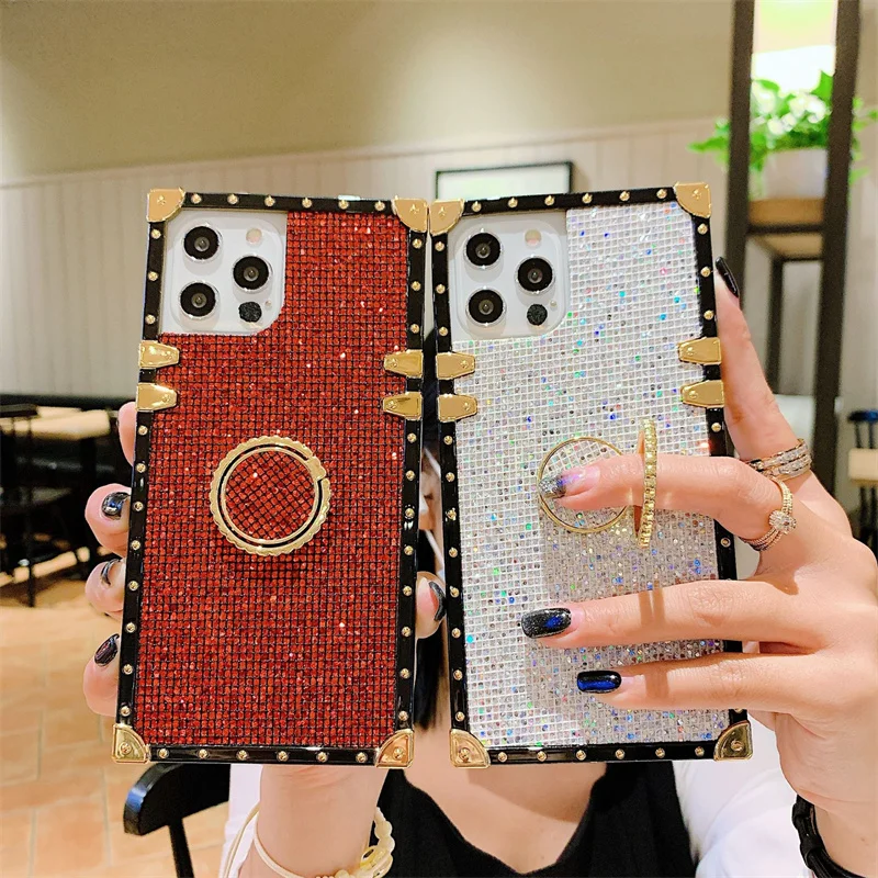 Luxury Glitter Bling Square Leather Phone Case For iPhone 15 14 13 12 11 Pro Max Xs Xr Xs Max Mobile Cover With Ring Holder