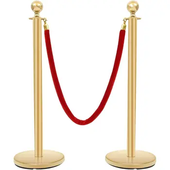 Crowd Control Stanchion, Stanchion Set with 4.8 FT Gold Red Velvet Rope, Crowd Control Barrier, Easy Connect Assembly