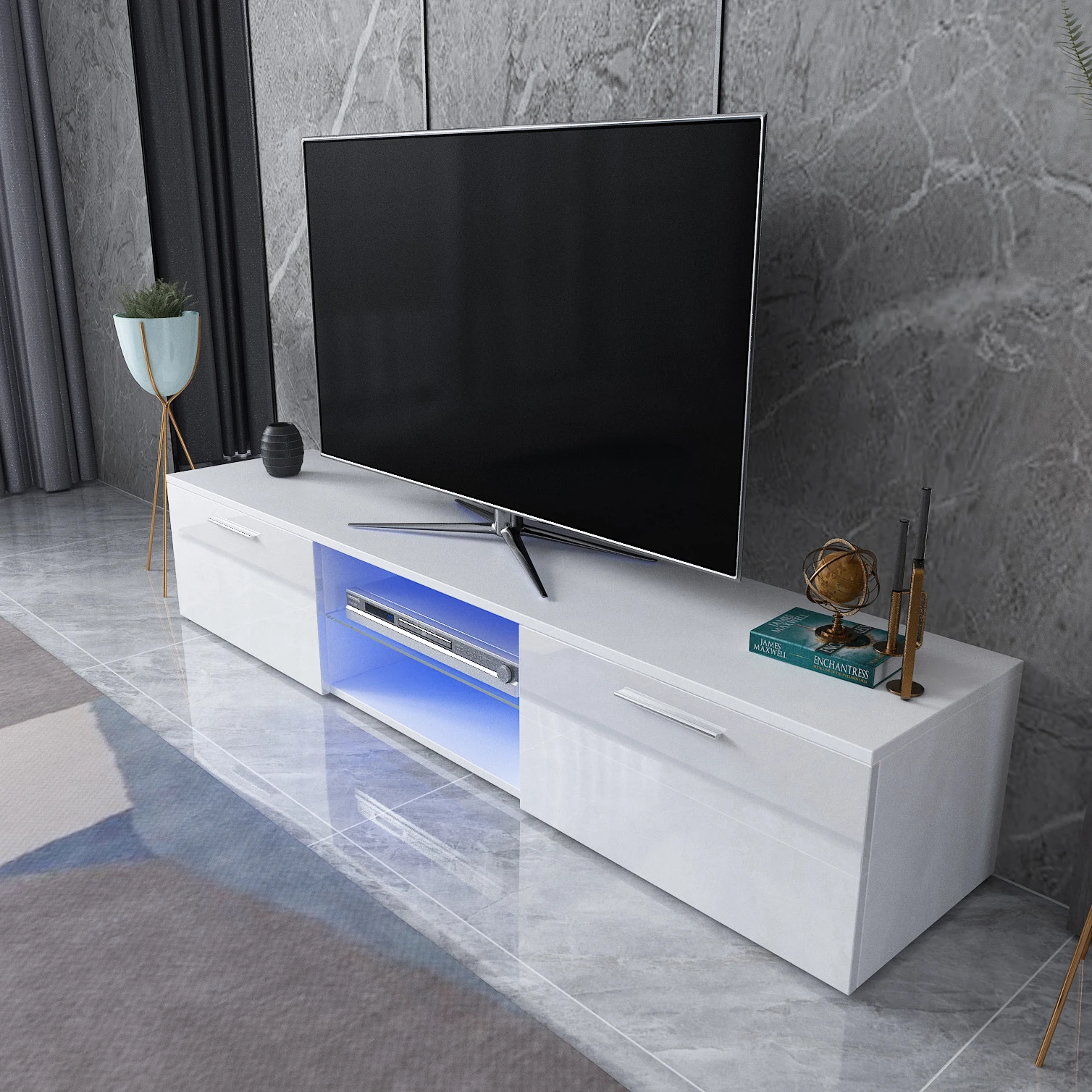 Living Room TV Unit with LED Lights High Gloss TV Shelves Console Storage Cabinet