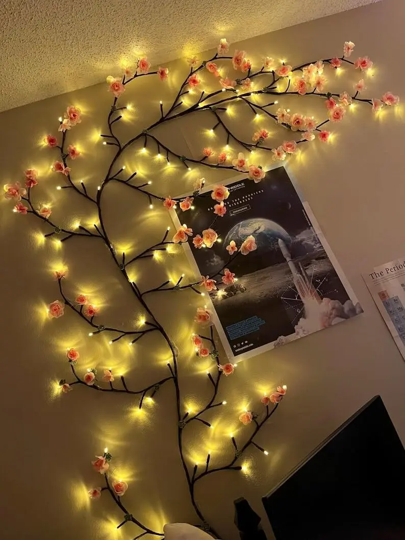 Tsinye Cherry LED Tree Branch Lights for Wall Cherry Blossom Willow Vine Twig Decor Garland Christmas Decorations for Home Wall