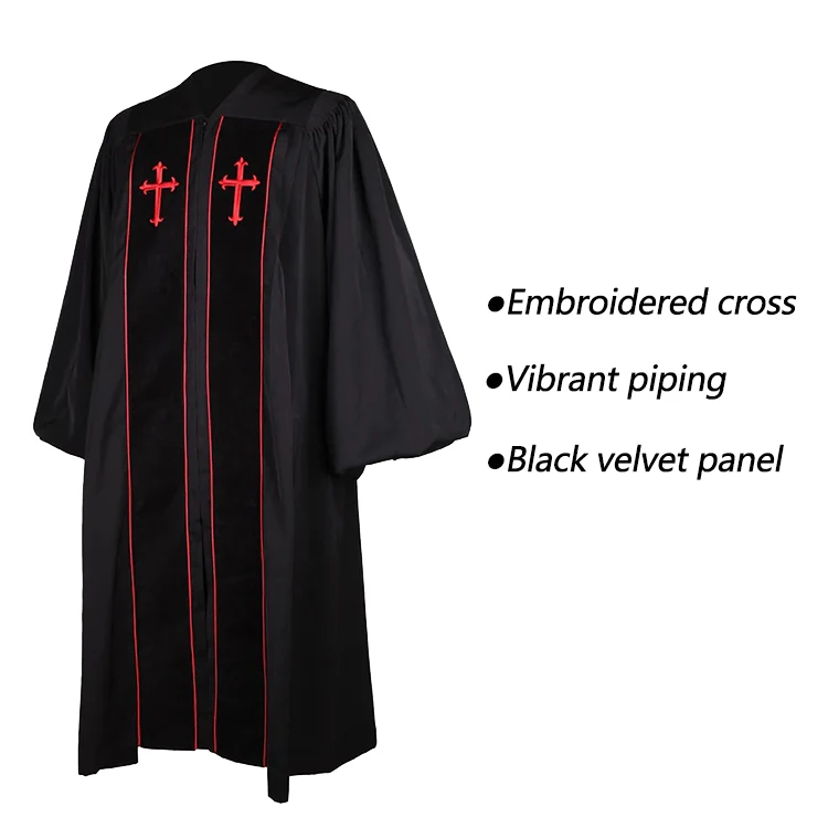 Wholesale Customized Black Piping and Handmade Fluting Matte Velvet Clergy Robes with Red Embroidered Cross details