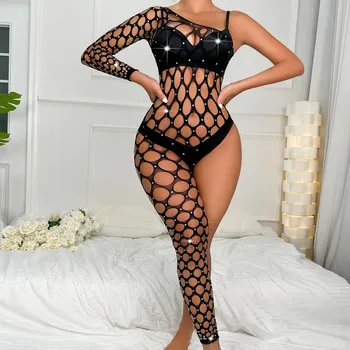 Sexy Fishnet Rhinestone Bodystocking Lingerie Long Sleeve Shiny Sexy