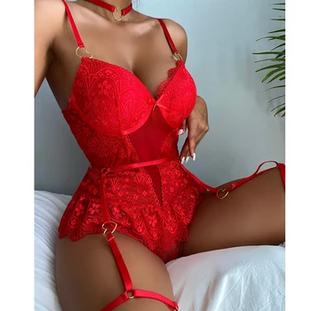 Women Sexy Corset Lingerie With Bra Pads Erotic Long Bra Tie Up Sexy Women Red Lace Lingerie Garters Belt