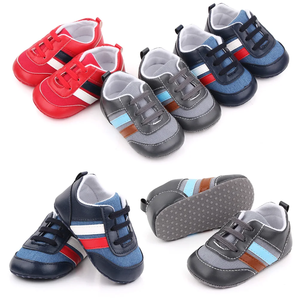 Spring and Autumn Baby Boys Matching Color Striped Soft Soled Infants Walking Shoes manufacture