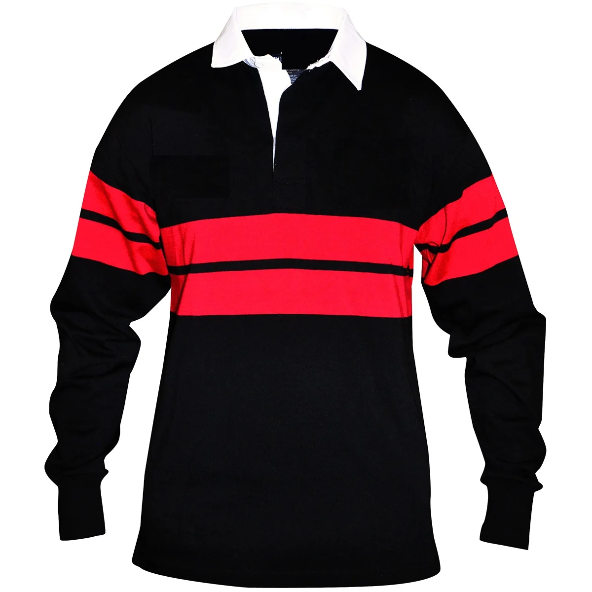Mens US Basic Black Rugby Shirt Polo White Collar Top Long Sleeve 100% Cotton