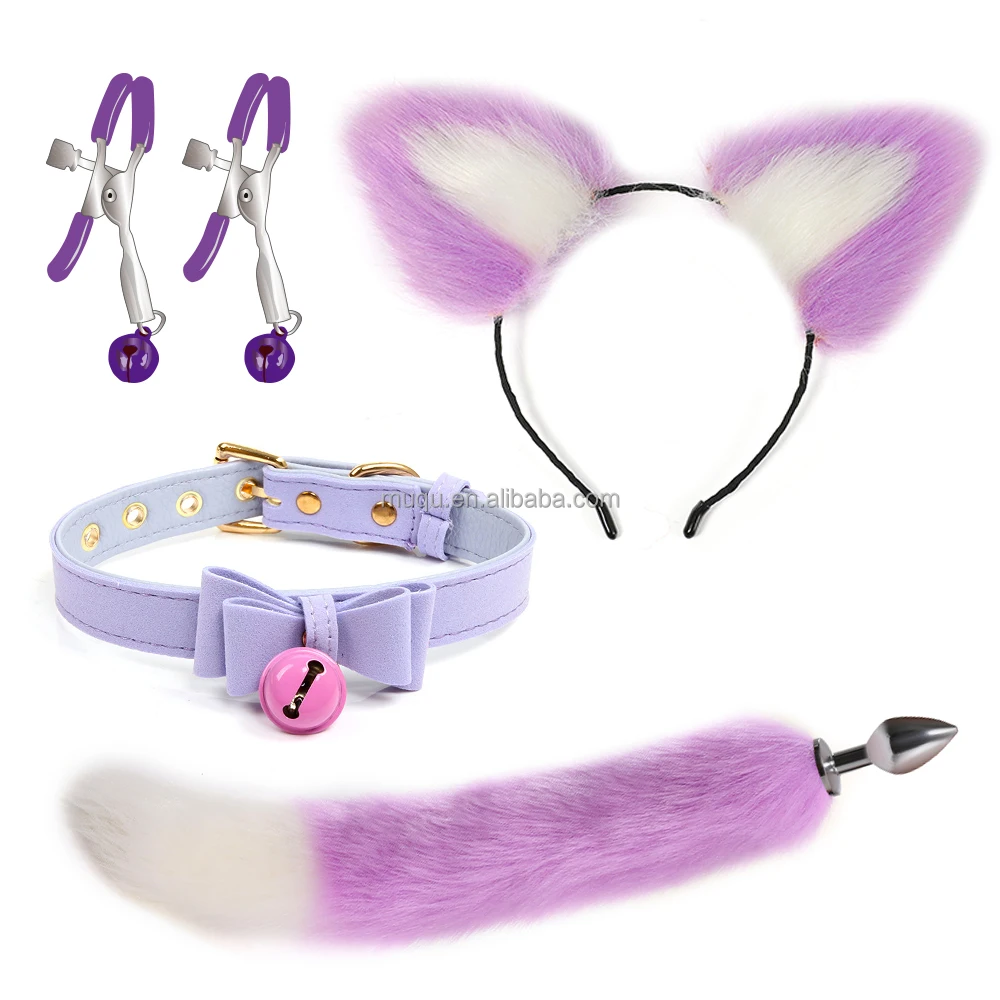 Sexy Fox Tail Anal Plug Hairpin Nipple Clamp Bow Neck Collar Set Fetish