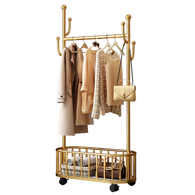 Movable metal floor standing coat rack with 360 degree rotation wheels