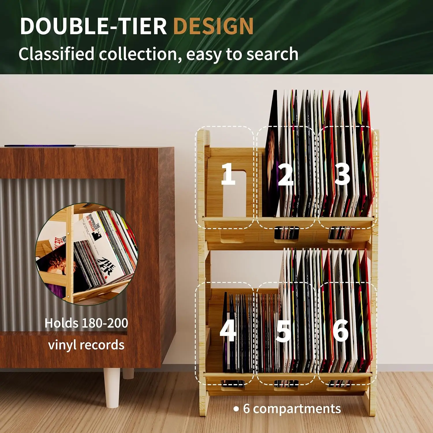 product 2 tier bamboo record stand shelf with dividers vinyl record storage holder and display rack for book bathroom organizer-2