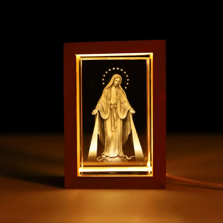 Producto al por mayor, marco de fotos de madera con luz LED cálida, regalos, grabado personalizado, marco de cristal láser 3D, 27