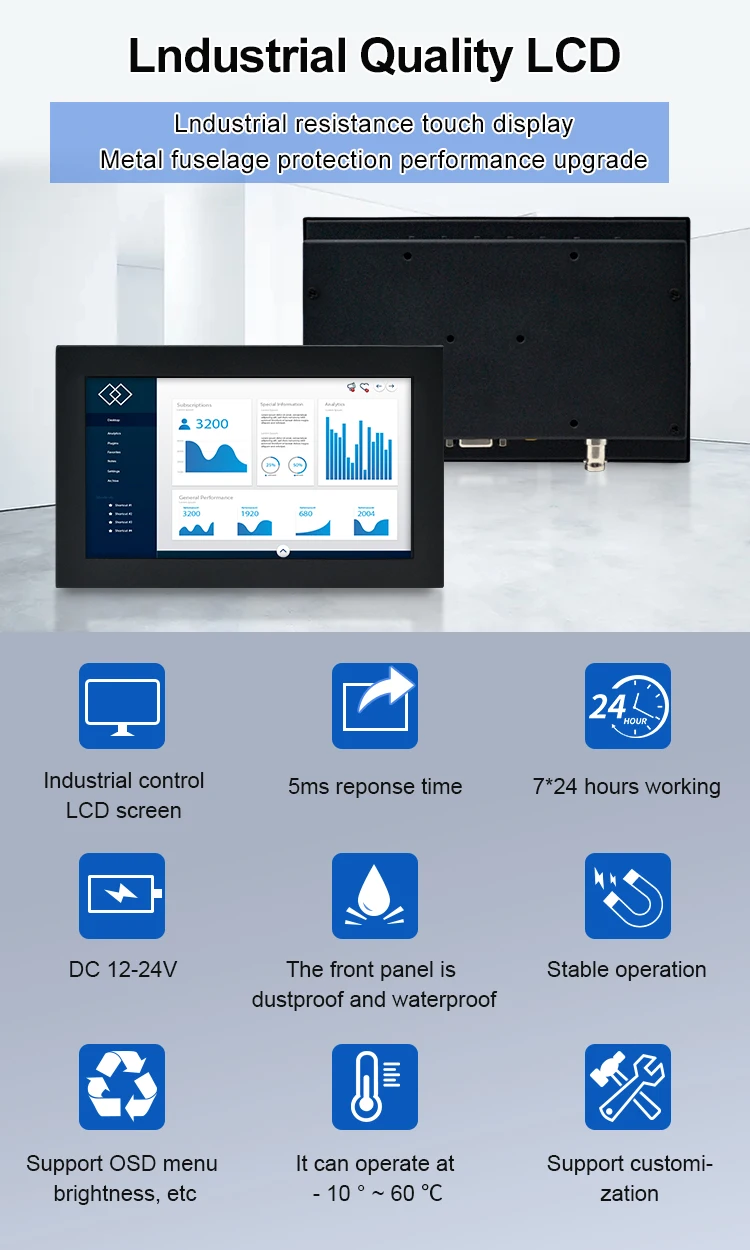 Mini 7 Inch Industrial VGA BNC HD TFT IPS Monitor Wall-Mounted Resistive Touch 1024*600 Resolution USB Interface New Metal Case
