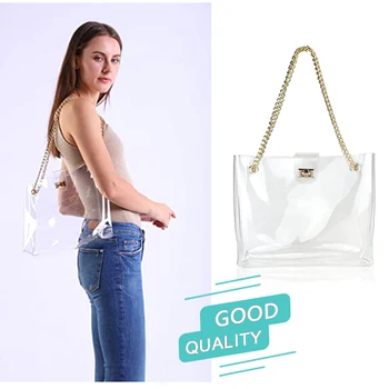 Fashion clear metal chains handbag wholesale glitter hand bag transparent tote bag for women girls ladies shopping travel