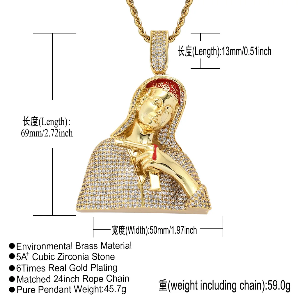 custom diamond jewelry necklace purchasing agent,men women hip hop copper setting zircon gold Virgin Mary necklace pendants