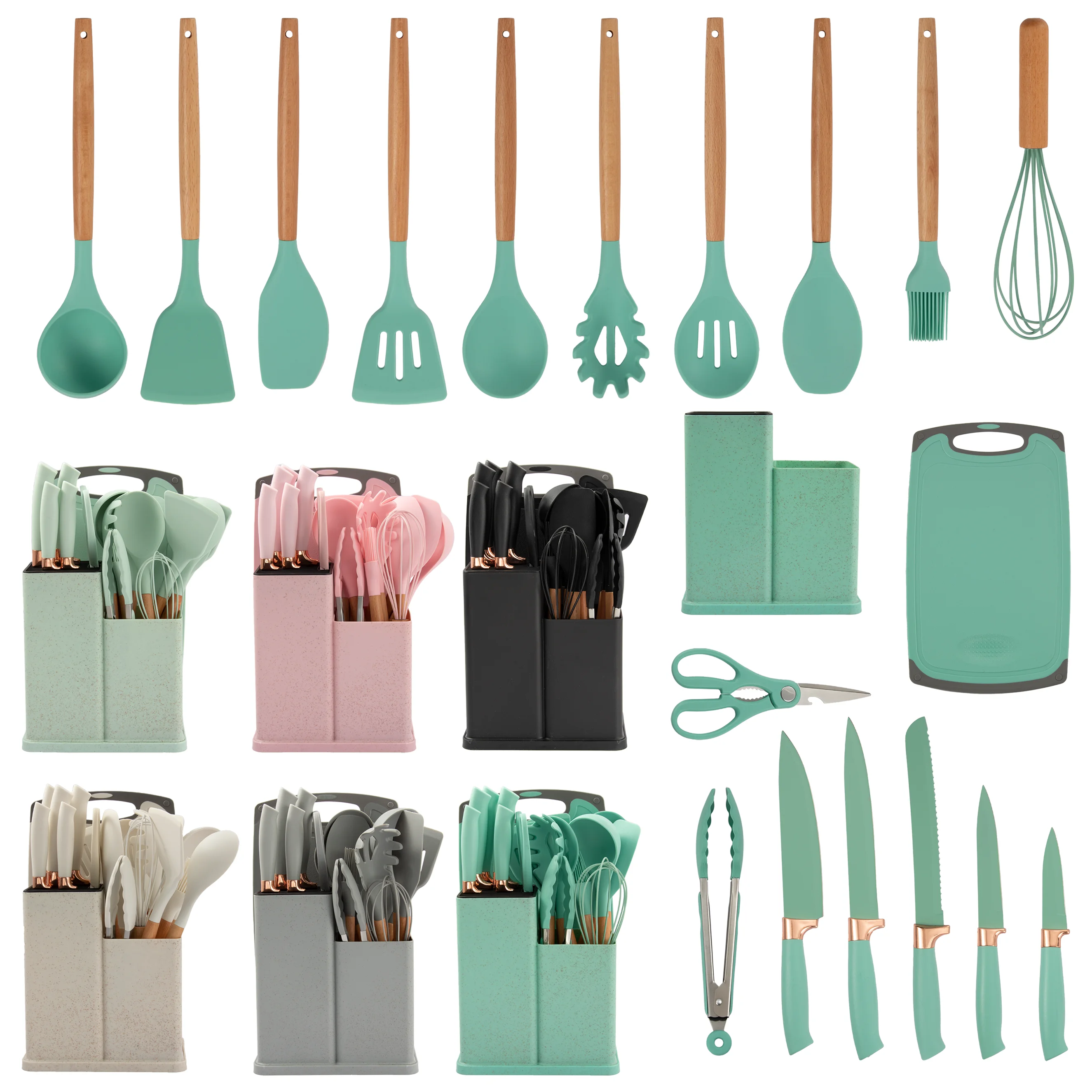 Wholesale Thick 19 Pcs set silicone kitchenware accessories cooking tools set spatula stirring kitchen utensils Wooden Handle