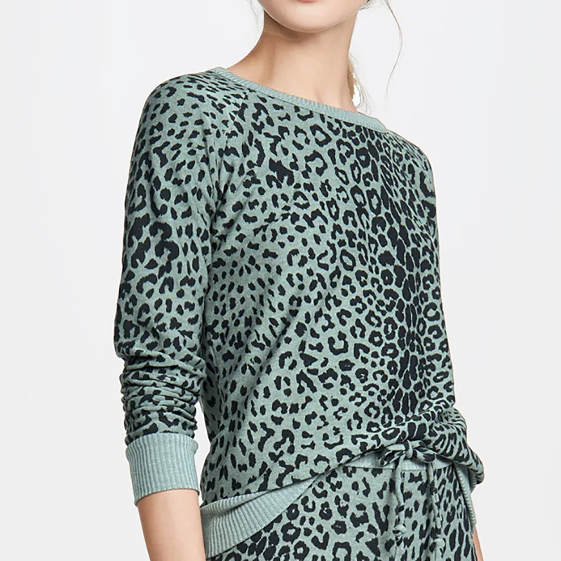 New Style Spring Autumn Women's Leopard Print Round Neck Knitted Sweater Long Sleeve Top Green Leopard Thin T Shirt