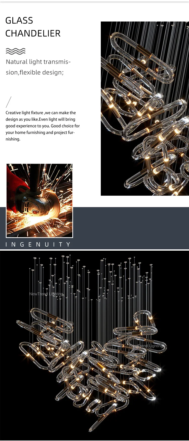 CPL-376 Contemporary Indoor Decoration LED Lighting Hall Hotel Lobby Bespoke Clear Glass Chandelier details