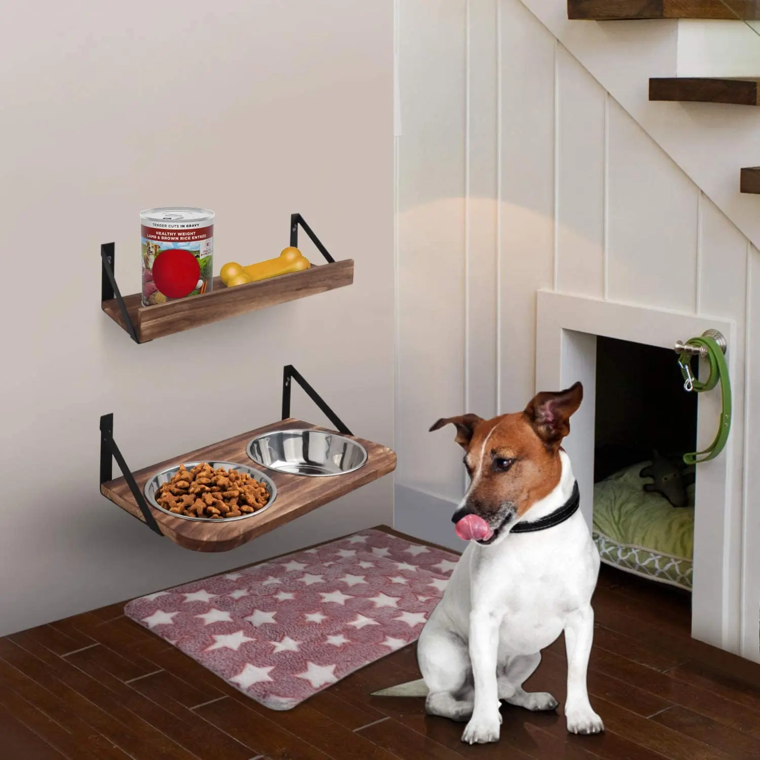 Wall Mounted Elevated Pet Feeder with 2 Stainless Steel Dog or Cat Dishes and Storage Shelf Rustic Wood Raised Pet Bowls