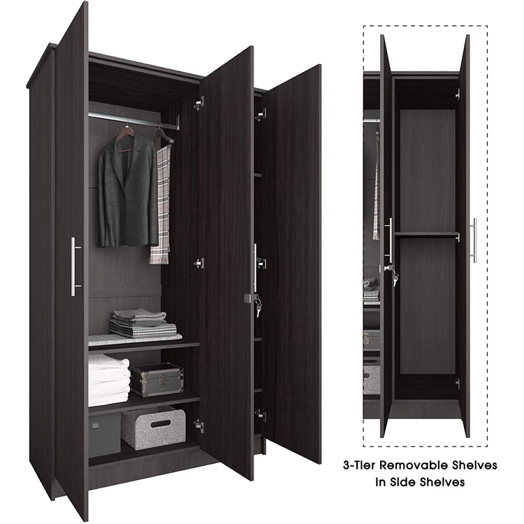wooden wardrobe 3 doors large storage cabinet with hanging rod/shelves/lock, wood clothes closet for bedroom