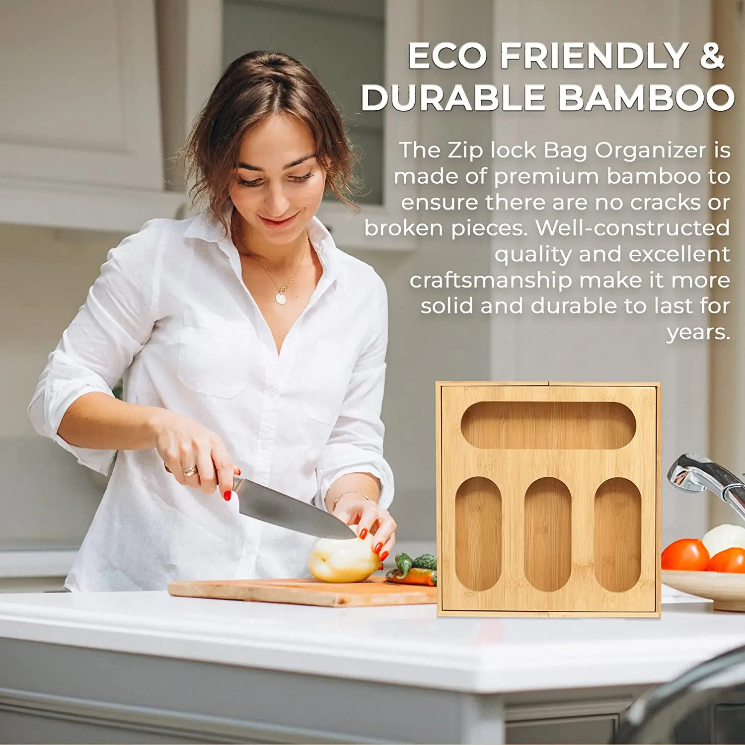 product modern expandable bamboo storage bag organizer with foil and plastic wrap holder lacquer technique for kitchen sundries-1