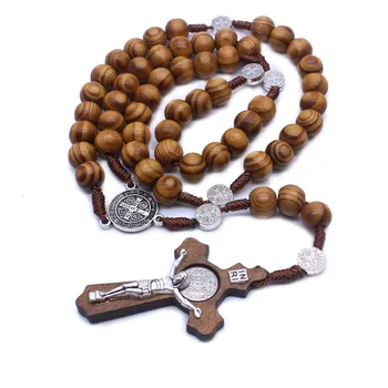 rosaries religious catholic wood beads necklace Virgin Mary charm cross jesus necklace