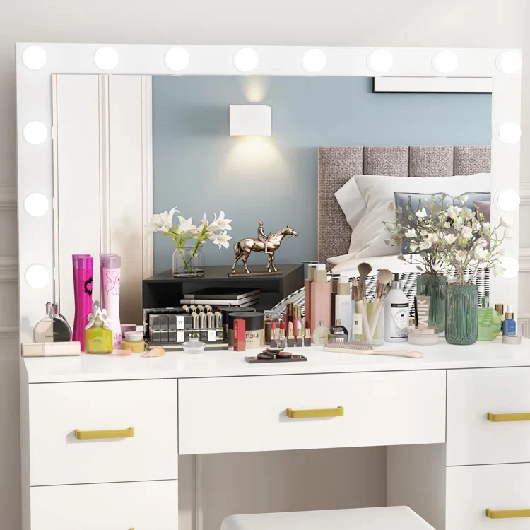 Hot selling high quality metal frame makeup vanity dressing table with mirror and drawers with LED Bulbs