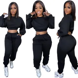New Arrival Long Sleeve Sexy Crop Top Sweatershirt Trousers Sportswear Two Pieces Pants Set Casual Women