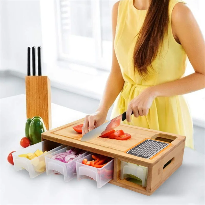 Multifunctional Extra Large Kitchen Bamboo Wood Cutting Board With  Drawers