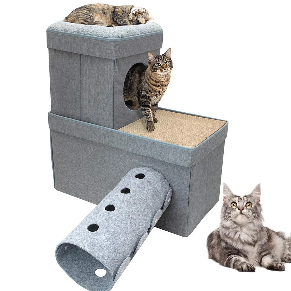 2-Storey Cat House for Indoor Cats Bed Covered Cat Beds & Furniture with Scratch Pad