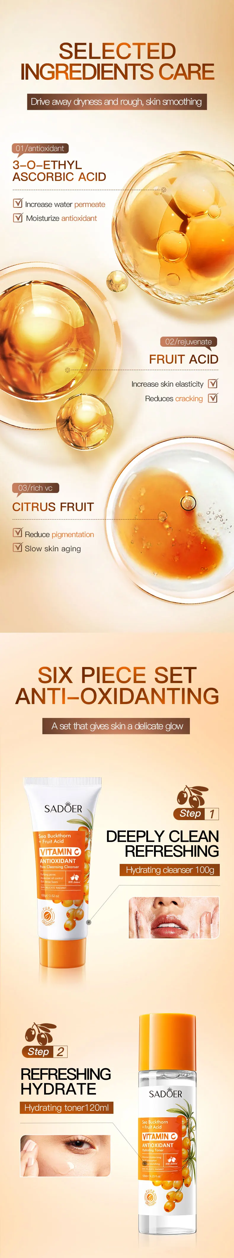 product private label sadoer organic sea buckthorn vitamin c antioxidant soothing six piece skincare gift set moisturizing whitening-6
