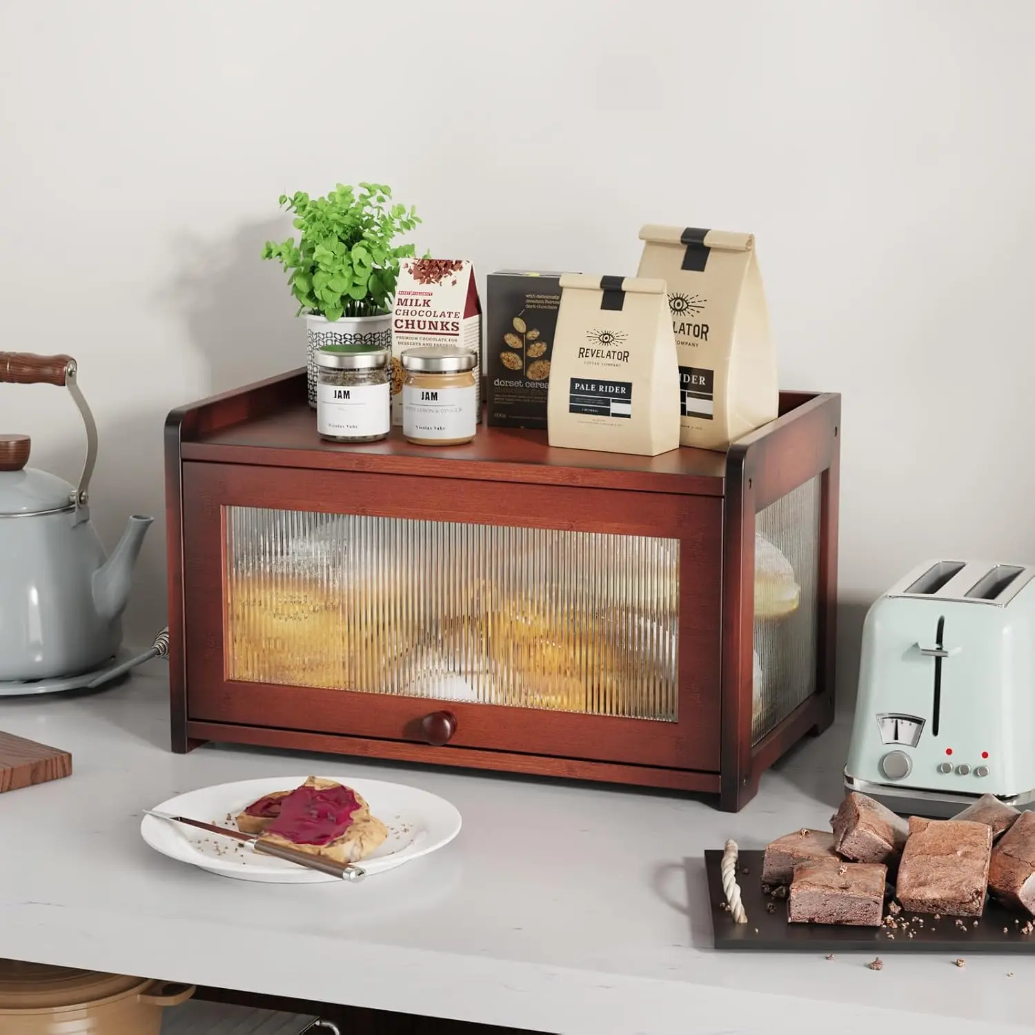 product large capacity bamboo bread box rectangle shape kitchen counters and bread storage containers organizer for kitchen cabinets-14