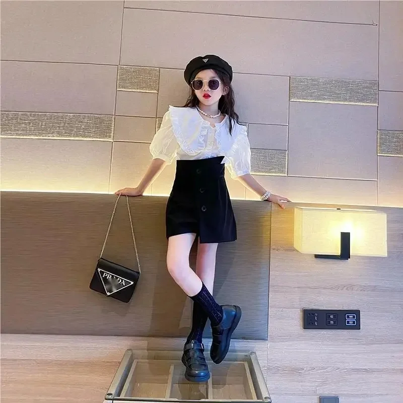 Wholesale high quality girls short set 2024 summer new chic 13-year-old girls clothing loose straight tube two-piece set