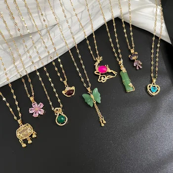 Charm Stainless Steel Chain Statement Gold Necklace Crystal Imitation Jade Butterfly Heart Love Crown Mermaid Jewelry Necklaces