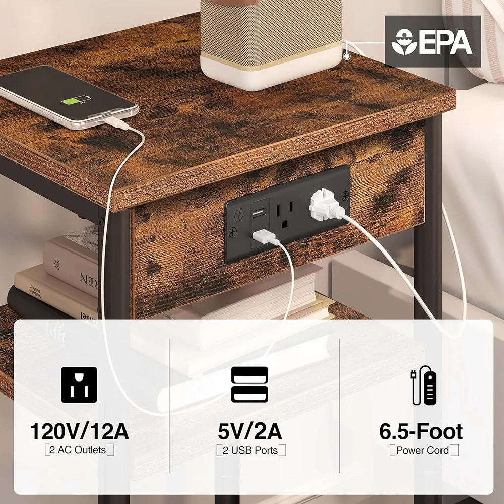 Modern Wood End Table with Charging Station Nightstand with 2 Storage Shelves Narrow Side Table with USB Ports and Power Outlets factory