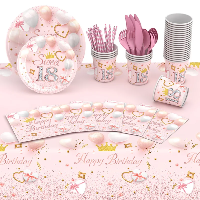 New 18th Girl's Birthday Disposable Tableware Paper Plate Table Cloth Set For Birthday Party Decoration Supplies