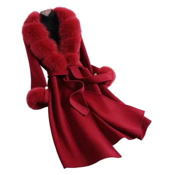 Elegant Fluffy Fox Fur Collar Double Faced Red Wool Coat Long Cashmere Wool Women Coat