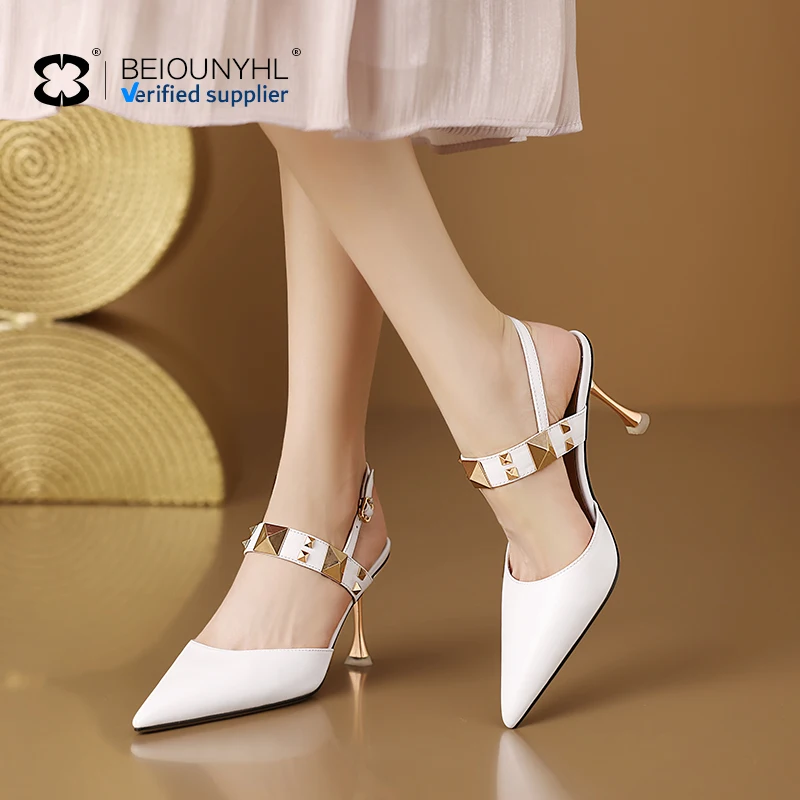 New Fashion Good Quality Leather Straps Metal Pointy Sandal Shoes Sexy Pointed Toe Thin High Heels Sandals For Women And Ladies