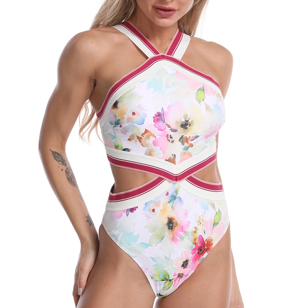 Ladies Halterneck Floral Cut Out One Piece Monokinis Swimwear Beachwear Swimsuit