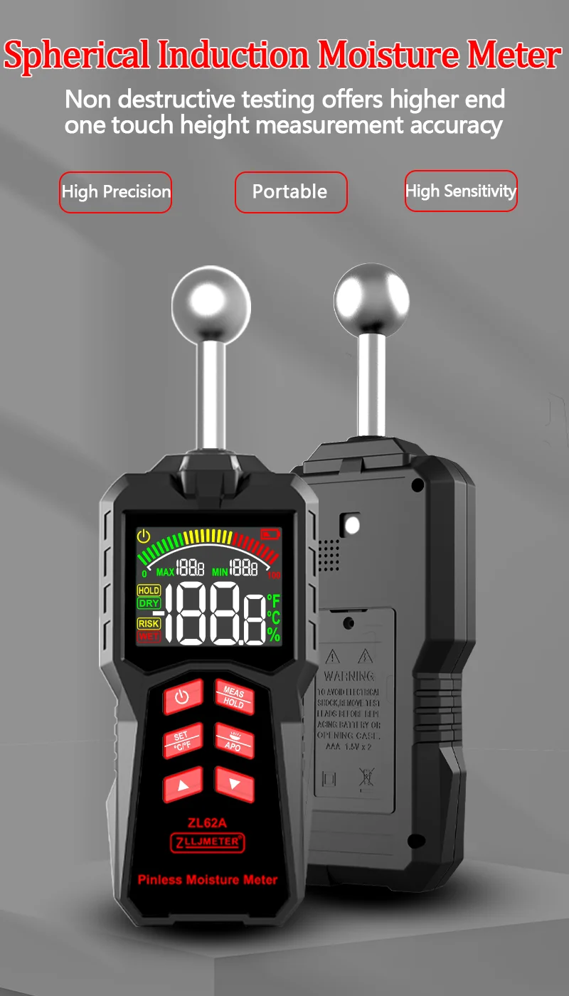 Inductive Wood Moisture Meter Hygrometer Non-contact Timber Damp Wall Detector Non-destructive Humidity Tester ZL62A 3AAA