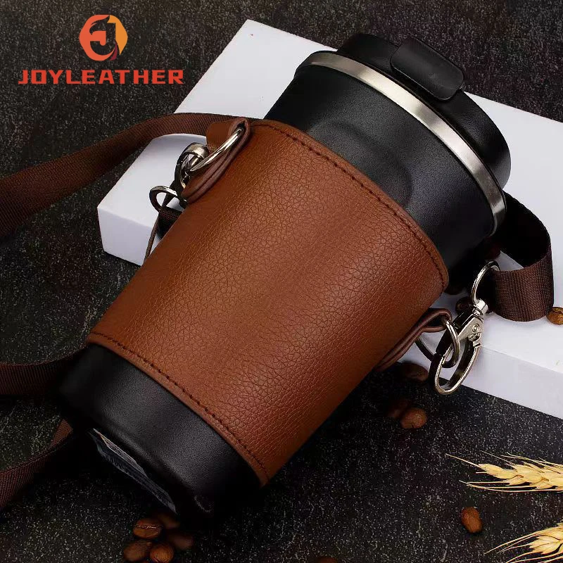 Premium Leather Water Bottle Bag Customized Logo Coffee Bottle Sleeves Holder With Strap