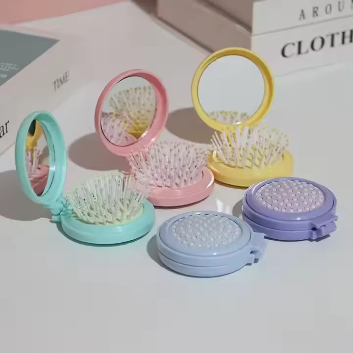 Hot Sale Portable Folding Mirror Comb Pocket Travel Hair Brush   Nylon Plastic Macaron Cartoon Color Children's Mirror Comb supplier