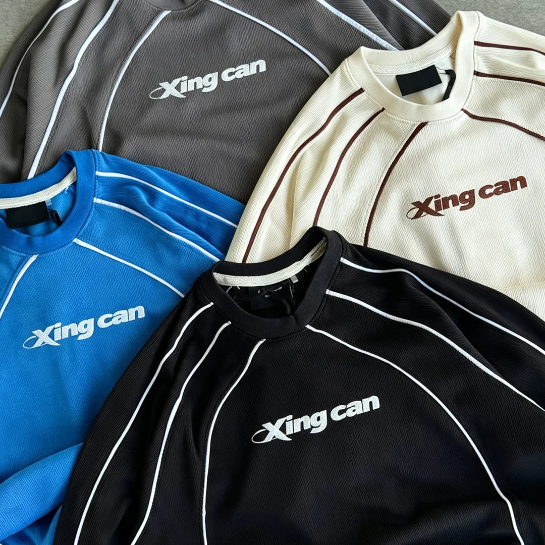 product wholesale contrast stitching 100 cotton long sleeve mens t shirt men racing style letter print street top oem custom-2