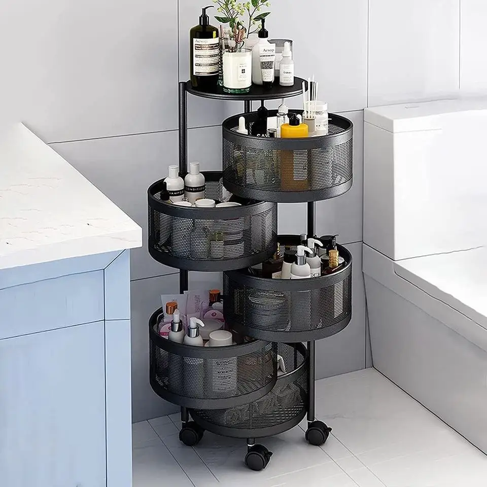 5 tier portable movable 360 degree rotating cylindrical storage rack narrow space storage organizer