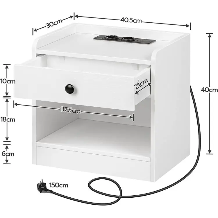 HOOBRO White Nightstand with Drawer Bedside Table with Charging Station USB Ports and Socket Side Table for Bedroom Living Room