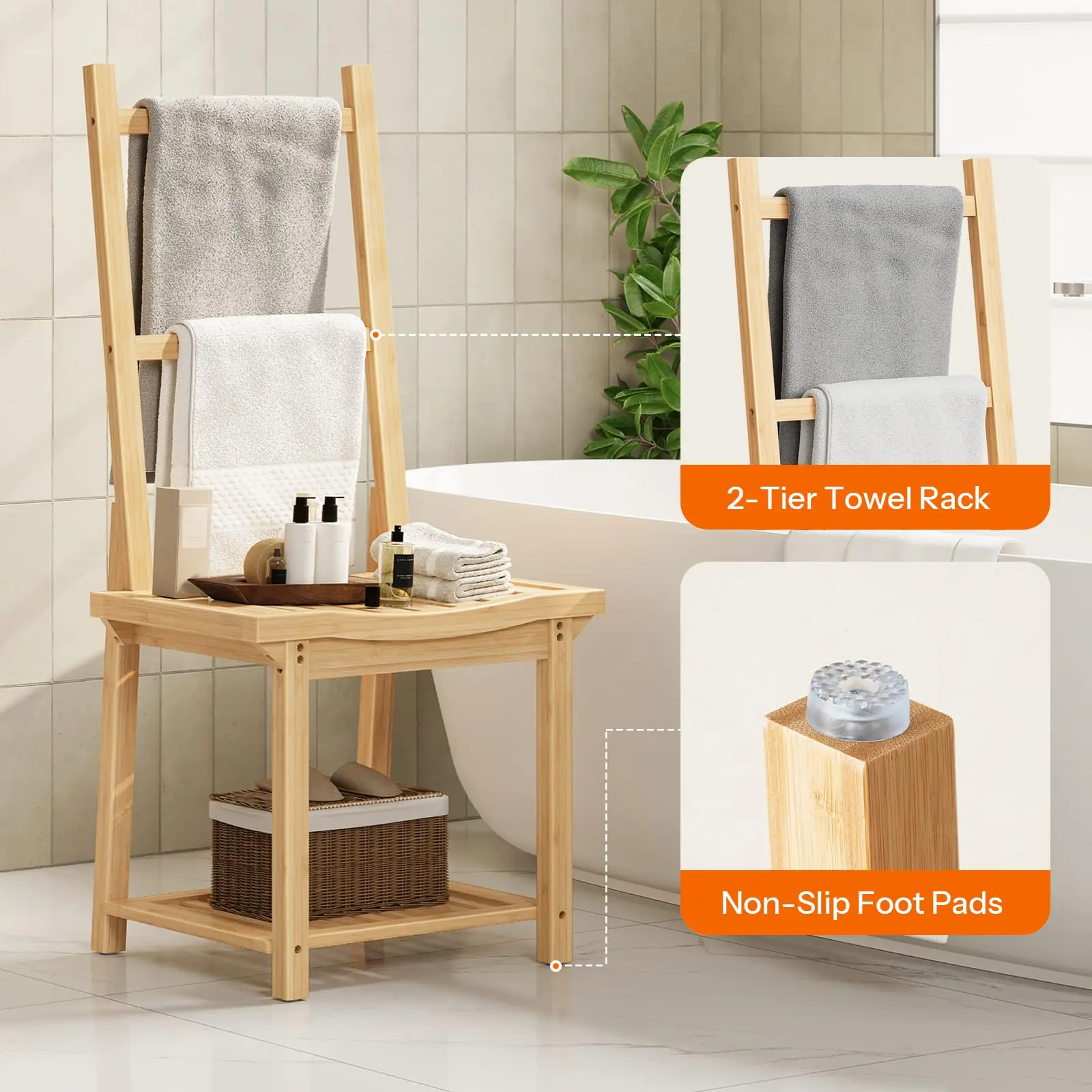 product wooden shower bench towel ladder rack with 2 tier storage shelf free standing spa hotel bathroom organizer furniture-7