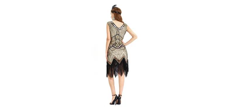 1920s Flapper Dress With Accessories Set - Gatsby Party Costume, Beaded Fringed Black Dress - View #9