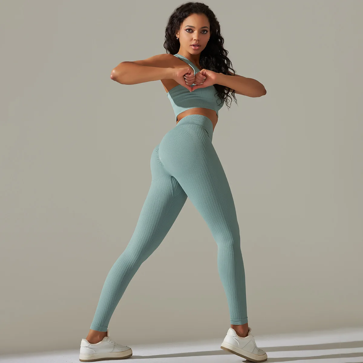 lulu High quality sexy solid color peach butt tight knit striped sports bra Yoga suit running fitness pants two-piece set
